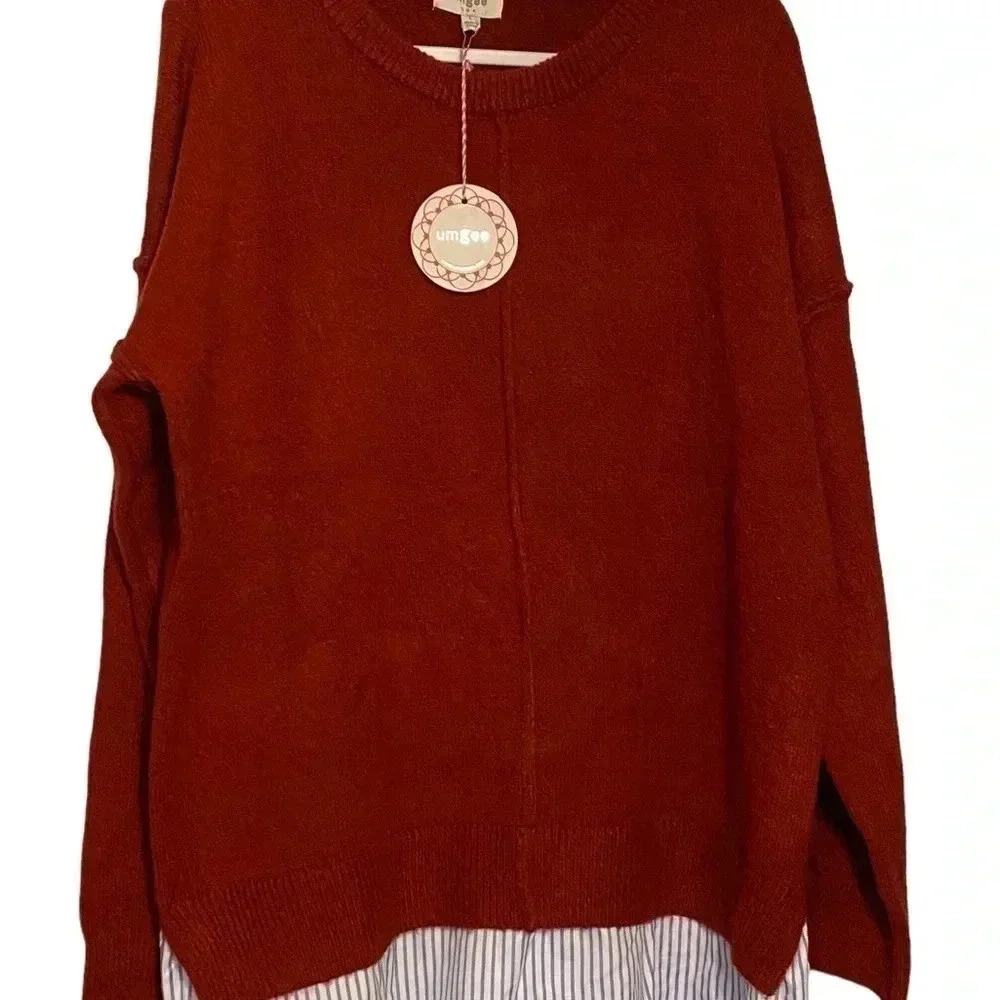 Umgee Red sweater with faux shirt tail ** small imperfection in shoulder seam - Picture 3 of 4